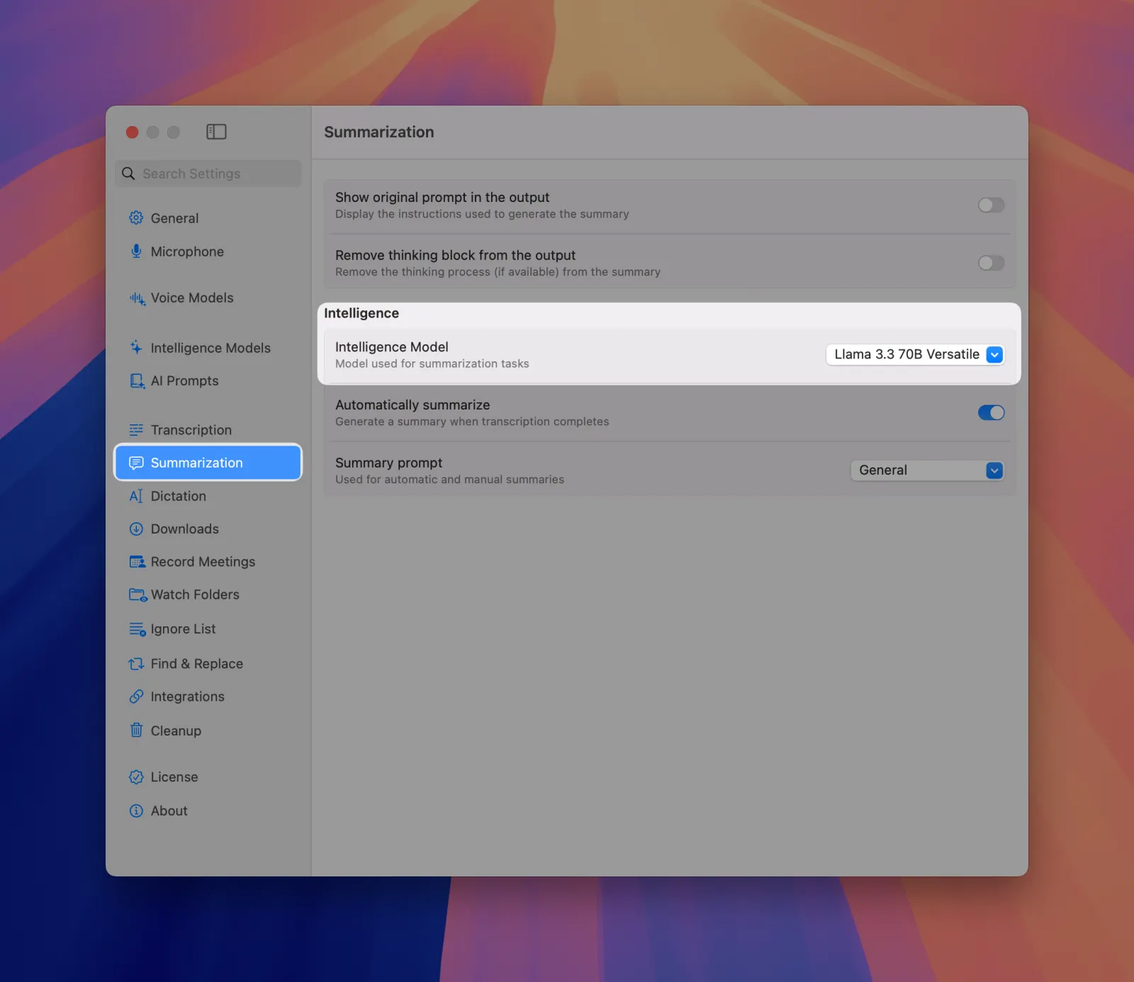 MeetMic 1.23 - Summarization settings