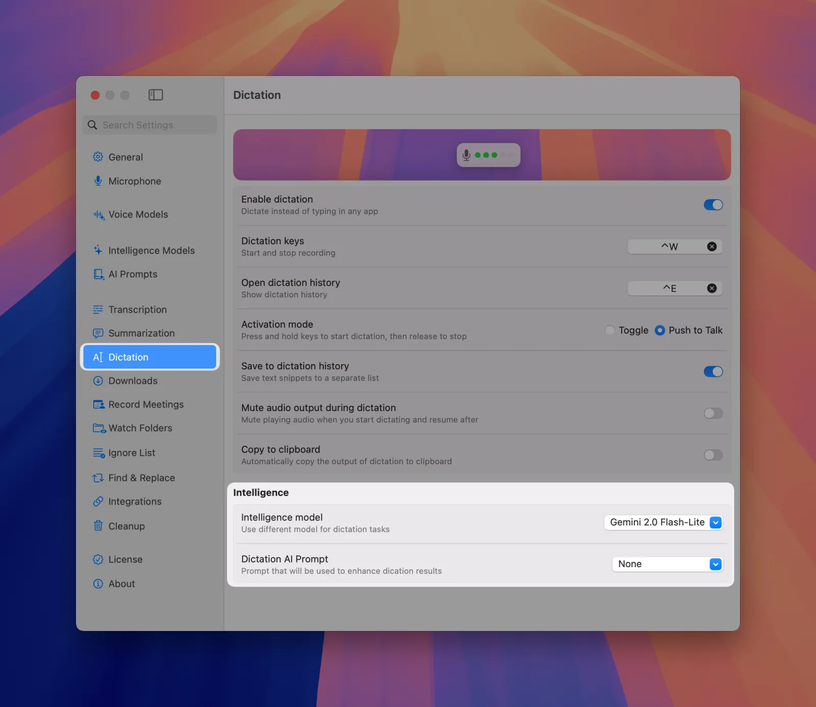MeetMic 1.23 - Dictation settings