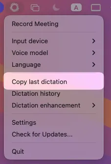 MeetMic 1.27 - Copy Last Dictation from Menubar
