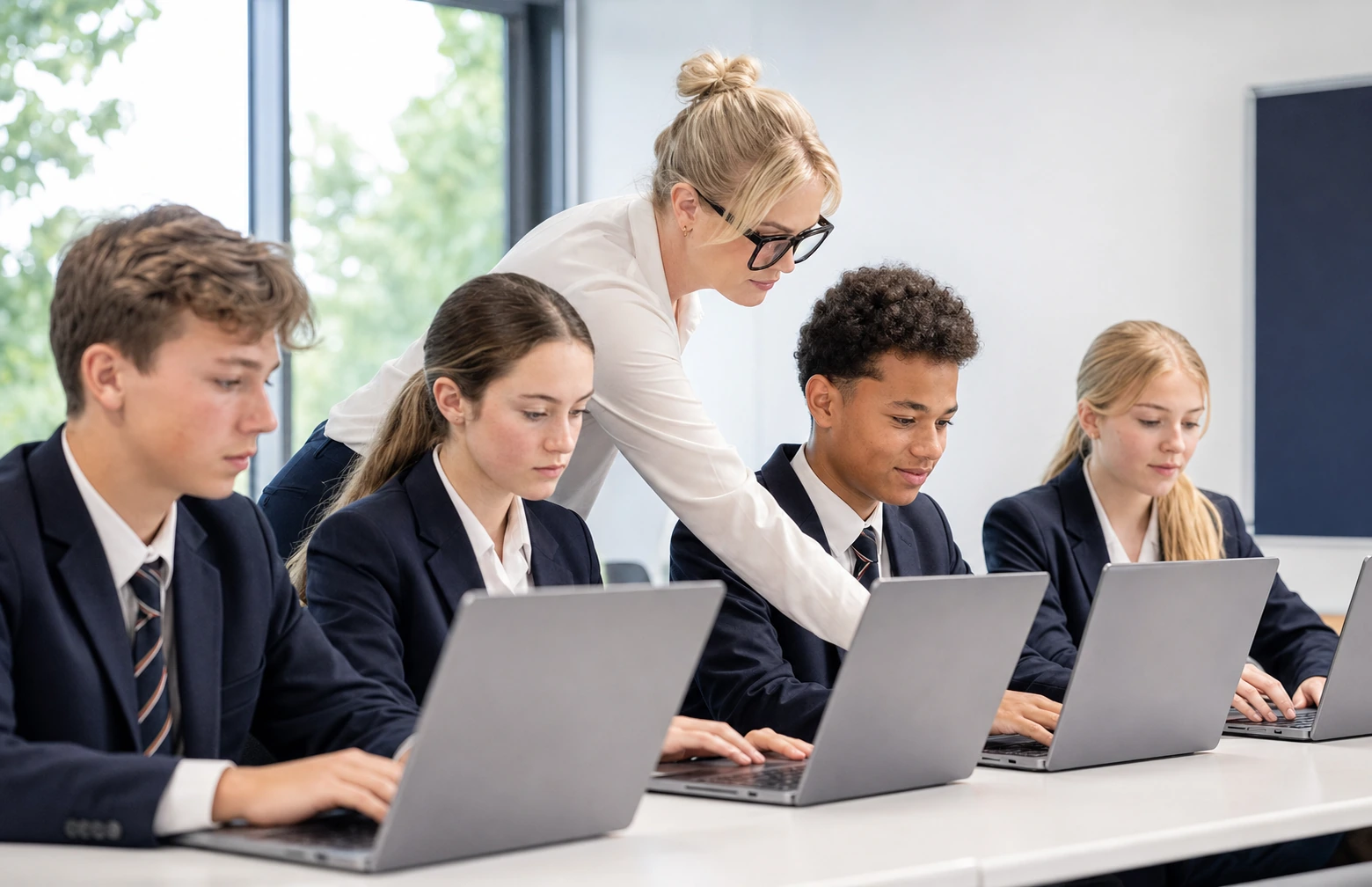 A teacher helping students on MacBooks in a classroom